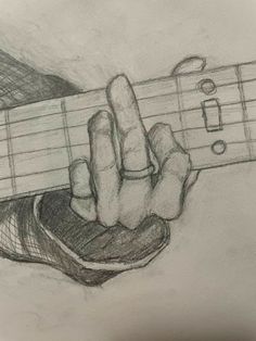 a pencil drawing of a guitar player's hand holding an electric guitar fret