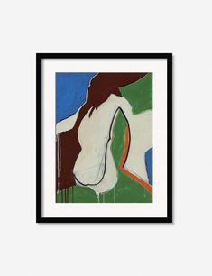 an abstract painting with white and green paint on the wall above it is a black framed frame