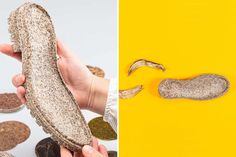 two pictures one with a banana and the other with seeds