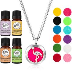 Give the gift of calming, stylish and portable aromatherapy with the original Flamingo essential oil necklace diffuser gift set from Wild Essentials. This diffuser jewelry gift set includes four 5mL bottles of essential oils (lavender, lemongrass, orange and peppermint), a Flamingo locket necklace and twelve 17mm, color refill pads. Great for school, work or anywhere in between, our necklace with aromatherapy oils allows you to diffuse your favorite scents to help you relax, de-stress and find i Aromatherapy Gift Set, Flamingo Necklace, Essential Oil Brands, Essential Oil Necklaces, Essential Oil Necklace Diffuser, Aromatherapy Gifts, Diffuser Jewelry, Aromatherapy Oils, Orange Oil