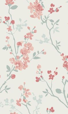 a floral wallpaper with pink flowers and green leaves