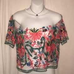 Never Worn. Super Unique And Detailed Floral Top. Pink Crop Top For Spring Party, Floral Print Crop Top For Summer Parties, Spring Vacation Crop Top With Floral Embroidery, Chic Multicolor Top With Floral Embroidery, Chic Multicolor Floral Embroidered Tops, Chic Multicolor Tops With Floral Embroidery, Pink Short Sleeve Crop Top For Day Out, Multicolor Crop Top For Summer Party, Summer Party Multicolor Crop Top