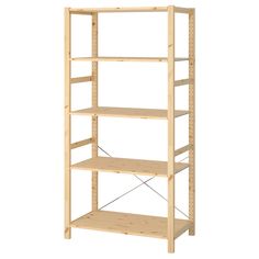 a wooden shelving unit with four shelves