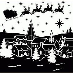 a black and white drawing of santa's sleigh flying over a town