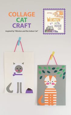 three paper art pieces are hanging on the wall and there is an advertisement for cat craft