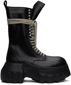 Mid-calf vegetable-tanned and waxed calfskin boots in black. · Lace-up closure · Extended tongue · Pull-loop at heel collar · Zip closure at inner side · Buffed calfskin lining · Logo embossed at padded calfskin footbed · Lugged EVA foam rubber platform sole · Platform: H3.5 Supplier color: Black/Black Bozo Tractor Boots, Rick Owens Boots, Black Boots Men, Fringed Belt, Lug Sole Boots, Chain Strap Bag, Oversized Tote Bag, Red Boots, Floral Shoes