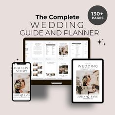 the complete wedding guide and planner is displayed on two phones, one with an iphone