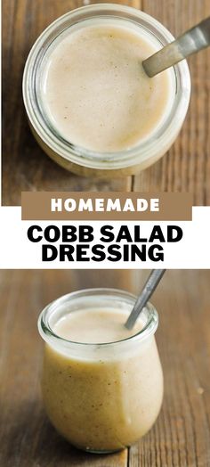 homemade cobb salad dressing in a small glass jar with a spoon on the side and text overlay that reads homemade cobb salad dressing