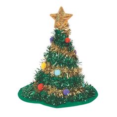 a small christmas tree with ornaments on it's base and a star decoration above the top