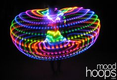 a person standing in the dark with a colorful light up hula hoop on their back