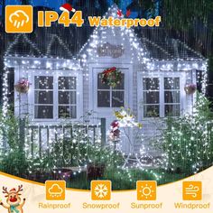 an image of christmas lights in front of a house with the words ip4 waterproof