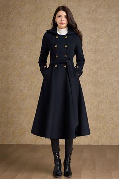 ★★ Welcome to my Ylistyle's shop！！！ Stay warm and maintain your style this winter season with a stunning assortment of deep navy, hooded, and elegantly long wool coats designed for women. Embrace the cozy comfort and chic elegance of these timeless pieces. Elevate your winter wardrobe with these must-have essentials. ★★ FEATURES 50% wool, 50% wool blend Fully liner with polyester Two pockets Fabric belt coat Hooded neckline Long sleeves coat Button closure in front For Winter, Autumn Dry clean ★ Dark Academia Coat, Combat Outfit Female, Peacoat Womens Outfit, Combat Outfit, Wool Coats For Women, Winter Coat Elegant, Long Wool Coat Women, Outfit Female, Belt Coat