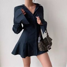 Black Women Shirt Dress, Elegant Basic Streetwear Fashion Long Sleeve Black Shirt Dress, Slim Female Retro Shirt Dress 94% Polyester, 6% Elastane Pleated Dress Long, New Shirt Design, Flare Shirt, Chique Outfit, Chiffon Blouses, Vintage Mini Dresses, Flare Long Sleeve, Elegant Attire, Pleated Shirt