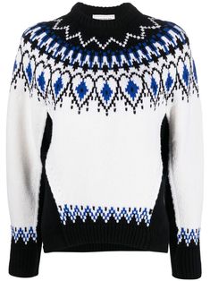 blue/black/white wool mock neck fair isle intarsia knit long sleeves straight hem Alexander Mcqueen Clothing, Wool Jumper, Fair Isle Knitting, Fair Isle Sweater, Winter 2022, Wool Knit, Knitted Jumper, Funnel Neck, High Collar