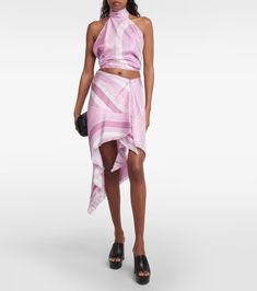 Iride asymmetric silk miniskirt in pink - Pucci | Mytheresa Chic Silk Skirt With Asymmetrical Hem, Chic Asymmetrical Silk Skirt, Summer Mini Length Draped Skirt, Summer Mini Draped Skirt, Spring Asymmetrical Silk Skirt, Spring Party Silk Wrap Skirt, Chic Mini Length Draped Skirt For Summer, Pink Asymmetrical Summer Skirt, Chic Silk Mini Skirt