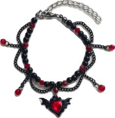 Grunge Heart-shaped Jewelry For Halloween, Gothic Jewelry For Cosplay On Valentine's Day, Red Emo Jewelry For Party, Edgy Black Halloween Bracelet, Black Vampire Jewelry For Alternative Fashion, Gothic Halloween Jewelry For Concert, Edgy Black Bracelet For Halloween, Gothic Jewelry For Halloween Concert, Black Metal Heart Bracelet As Gift