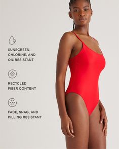 This timeless one-piece swimsuit is a triple threat: It was made to last, made with Italian-crafted fabric, and thoughtfully made with recycled materials. With moderate backside coverage, it feels comfy and secure thanks to compressive fabric and expert craftsmanship. Resists fading, pilling, and snagging, so you'll be wearing it for years to come.  | Quince | Women's Italian Cami One-Piece Swimsuit in Cherry, Size XS, 78% Recycled Polyamide, 22% Spandex Second-skin Lined Swimwear For Swimming, Second-skin Swimwear For Beach Season, Second-skin One-piece Swimwear For Poolside, Form-fitting Nylon Swimwear For Pool, Second-skin Nylon Swimwear For Pool, Solid Color Second-skin Beachwear Swimwear, Second-skin Bodysuit For Beach Season, One-piece Second-skin Swimwear For Swimming, Second-skin Lined Swimwear For Pool