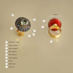 Gold(14K) : 4.23gGemstones : Green Amethyst, Yellow Sapphire, Blue Sapphire, Pink Sapphire, White Sapphire, PeridotGemstone : Red Enamel925 Silver Stackable Ring Sets, Handmade Packaging, Instagram Famous, Found You, Unusual Design, Shades Of Pink, Green Amethyst, Yellow Sapphire, Sapphire Blue