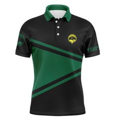 a black and green polo shirt with an emblem on the chest