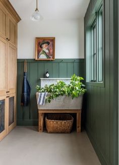 a room with green painted walls and wooden furniture, including a planter on the floor