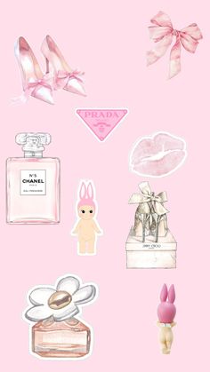 a pink background with various stickers and items on it that include shoes, lipstick, perfume bottle, bunny ears, rabbit ear