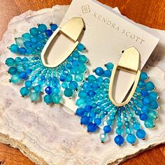 Looking To Turn Heads? Try These Stunningly Gorgeous Beaded Statement Earrings By Kendra Scott In The Most Ravishing Shade Of Turquoise Blue. With A Modern Disc Shape That Allows The Genuine Blue Agate Variegated Gemstone Beads To Take Center Stage, The Diane Earrings Are Guaranteed To Bring You Compliments & Elevate Every Outfit You Wear. From A Day At Work To A Night Out, They Will Make You Look & Feel Absolutely Beautiful. Lightweight & Approximately 2 3/4” Long X 2 1/4” Wide. With 14k Gold P Modern Turquoise Jewelry, Metal Post, Shades Of Turquoise, Calming Stones, Kendra Scott Jewelry, Blue Agate, Center Stage, Turquoise Jewelry, Kendra Scott