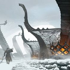 some people are walking in the snow near an enormous dragon like structure with flames coming out of it