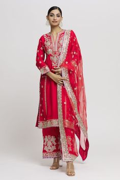 Red straight kurta with contrast floral, leaves, thread embroidery. Comes with coordinating palazzo and dupatta. - Aza Fashions Wedding Palazzo Set With Straight Kurta And Embroidered Border, Wedding Palazzo Set With Embroidered Border And Straight Kurta, Wedding Palazzo Set With Embroidered Border For Festivals, Wedding Palazzo Set With Embroidered Border For Diwali, Traditional Red Unstitched Suit With Embroidered Border, Red Embroidered Palazzo Set With Straight Kurta, Red Anarkali Unstitched Suit With Embroidered Border, Red Unstitched Suit With Embroidered Border For Diwali, Designer Red Anarkali Set With Embroidered Border