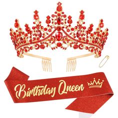 PRICES MAY VARY. 【👑PERFECT BIRTHDAY PARTY SET】: You will receive 1 piece sparkling crystal birthday tiara + 1 piece glittery "BIRTHDAY QUEEN" birthday sash + a safety pin. This will make your or her birthday a special and memorable one! 【👑 CRYSTAL CROWN HEADWEAR】: Birthday crown is 6.8 inches in diameter and 2.2 inches in height, suitable for both children and adults. Crystal crown with tiny sparkling rhinestones skillfully set on it, gorgeous and brilliant. Two combs at the end of the birthda Red Tiara, Queen Sash, Happy Birthday Crown, Crowns For Women, Crystal Birthday, Queens Tiaras, Crown Birthday, Birthday Tiara, Birthday Sash