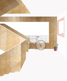 a bicycle is parked in the middle of a room with wooden walls and flooring