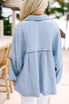 You are going to love life so much more in this oversized, boho beauty! That babydoll fit is so flowy and that cotton gauze fabric has the perfect amount of airiness! This babydoll top has your name written all over it! It's going to look amazing with jeans or shorts for year round wear! Collared v-neckline Long bubble sleeves Drop shoulders Babydoll cut Gauzy cotton fabric No stretch Poppy is wearing the small. Niddle Punch, Cotton Tops For Jeans, Blue Babydoll Top, Dress Couture, Cotton Gauze Fabric, Women Blouses Fashion, Oversize Sleeves, Boho Beauty, Gauze Fabric