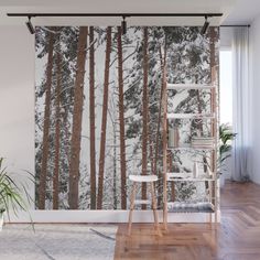 a wall mural with trees and snow in the background, on a wooden floor next to a window