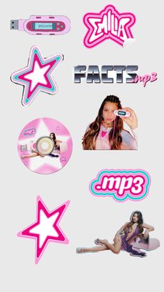 various stickers are shown on the back of a cell phone and in front of a white background