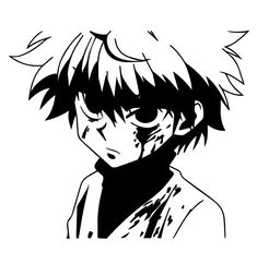 an anime character in black and white with his head tilted to the side, looking at something