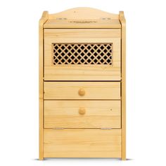 a wooden cabinet with two drawers on one side and an open drawer on the other