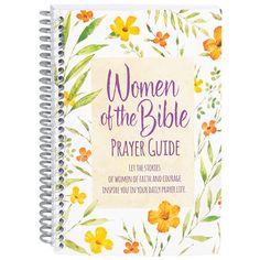 a women of the bible prayer book with yellow flowers on white paper and purple lettering