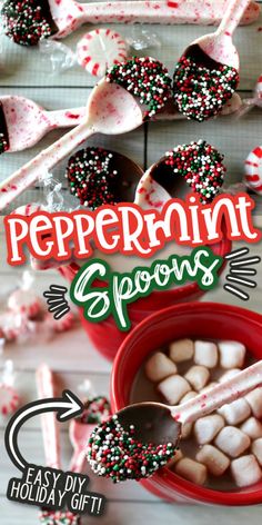 peppermint spoons are in a red bowl with white and green sprinkles