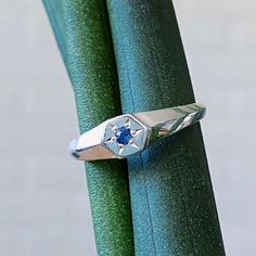 "This low-profile polished silver signet ring pairs a knife-edge band and hexagonal top. A six-pointed star holds a sparkling blue sapphire in the center. Soft yet edgy, this unique ring is sure to start conversations. OTHER GEMS AVAILABLE Diamond - https://www.etsy.com/listing/1216656852/astra-diamond-signet-ring-in-silver-star PRODUCT DETAILS * sterling silver * .03ct blue sapphire * 3/16\" wide Join my list of insiders and be the first to know about fresh styles, sales, and studio news https://coreyegan.com/pages/subscribe" Sapphire Signet Ring, Star Setting, Ring Minimal, Diamond Signet Ring, Silver Signet Ring, Polish Silver, Unique Ring, September Birthstone, Silver Stars