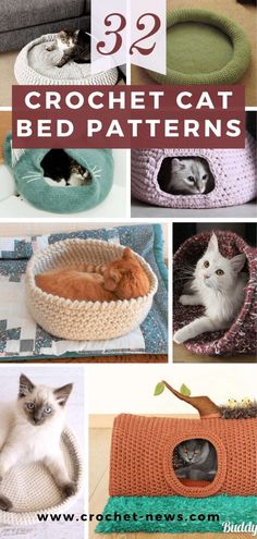 crochet cat bed patterns with pictures of cats and kittens laying in them