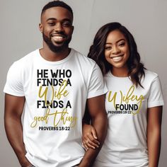 He Who Finds Couple Matching Shirt, Matching Couples Shirt, Valentines, Valentine Matching Shirt, Valentines Shirt, Husband and Wife Shirt - Etsy Matching Married Couple Shirts, Husband And Wife T Shirts, Wife To Be Shirts, Color Coordinated Outfits For Couples, Couple Outfits Matching Classy, Couple Shirts Relationships, Husband Wife Shirts, He Who Finds A Wife, Husband And Wife Shirts