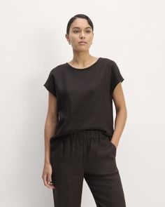 The Linen Short-Sleeve Crew Tee Linen Shorts Women, Wardrobe Planning, Linen Short, Muscle Tee, Summer Clothing, Muscle Tees, Men's Sweatpants, Black Tee, Varsity Jacket