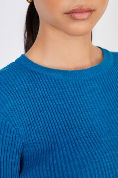 - Fit: True to size- Measurements: 1. Chest: 33cm, 2. Length: 51cm- Materials: 80% acrylic, 20% polyester- Thickness: Moderate- Sheerness: None- Stretch: Low- Lining: None- Care: Gentle wash cold and dry in shade Knit Tops With Ribbing And Crew Neck, Blue Workwear Top With Ribbed Neckline, Crew Neck Knit Top With Ribbed Collar For Work, Casual Ribbed Crew Neck Knit Top, Casual Crew Neck Knit Top With Ribbing, Crew Neck Ribbed Tops For Work, Ribbed Knit Tops For Office, Ribbed Tops For Workwear, Trendy Ribbed Crew Neck Knit Top