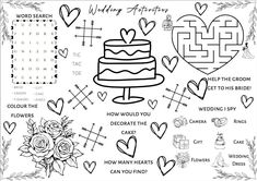 a coloring page with hearts, flowers and a wedding cake on the top of it