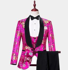 Red Reception, Floral Tuxedo, Pink Tuxedo, Velvet Bow Tie, Black Velvet Bow, Hot Pink Floral, Black Shawl, Bow Tie Set, Polyester Pants