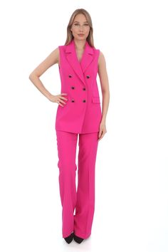 Elevate your professional attire with our Women's Fuchsia Regular Fit Vest and Flare Pants Suit. Designed for the contemporary woman who values both style and comfort, this versatile ensemble is ideal for office settings and formal occasions. Crafted from premium materials, the regular-fit vest complements the flare pants perfectly, offering a flattering silhouette that enhances your confidence. Whether you're leading meetings or attending networking events, this outfit ensures you look polished Spring Office Wear Pink Pantsuit, Fitted Pink Pantsuit For Office, Spring Pink Pantsuit For Office Wear, Chic Pink Pantsuit For Work, Tailored Pink Suit With Straight Pants, Pink Tailored Suit With Straight Pants, Pink Fitted Trousers Pantsuit, Pink Pantsuit For Office Wear, Pink Fitted Pantsuit