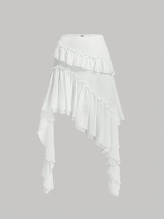 Plus Size Women's Asymmetrical Ruffle Hem Skirt White Casual   Woven Fabric Plain Asymmetrical Non-Stretch  Women Plus Clothing, size features are:Bust: ,Length: ,Sleeve Length: White Skirts Aesthetic, White Coquette Skirt, White Skirts Long, Mermaidcore Skirt, White Ruffle Skirt Outfit, Jellyfish Skirt, White Layered Skirt, Flowy Clothes, White Flowy Skirt