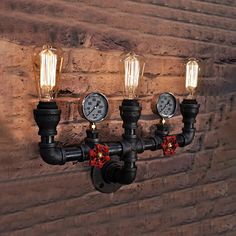 Steampunk Restaurant Wall Lighting In Black: 2/3-Lights Mount With Metal Pipe And Gauge 3 / Black Steampunk Restaurant, Black Pipe Lights, Restaurant Wall Lights, Pipe Lights, Pipe Wall Lamp, Steampunk Light, Lampe Steampunk, Steampunk Lamps, Pipe Lamps