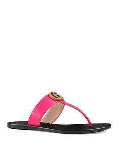 Gucci - Women's Marmont Leather Thong Sandals Luxury Leather Flip Flops For Beach, Luxury Leather Flip Flops With Single Toe Strap, Luxury Sandals With Leather Trim For Summer, Luxury Leather Trim Sandals For Summer, Designer Leather Flip Flops For Beach, Designer Leather Flip Flops For The Beach, Gucci Designer Sandals With Single Toe Strap, Designer Gucci Sandals With Single Toe Strap, Gucci Sandals With Leather Sole For Summer