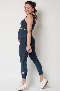 Chai Blue adjustable cropped maternity leggings, With A 10 Maternity Panel. Side pocket Will Fit All Phone Sizes, Anti-Chafing Seams. Maternity Activewear, Anti Chafing, In The Gym, Athletic Leggings, Side Pocket, Moisture Wicking Fabric, Cropped Leggings, Pregnant Women, The Gym