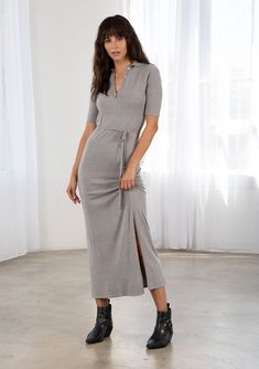 Elevate your wardrobe with this super soft knit maxi dress! Featuring sexy side slits and a henley v-neckline, this casual yet chic dress can be dressed up or down. Available in a soft grey or classic black colorway. FINAL SALE Fitted Elbow-length sleeves Maxi length Deep v-neck Collared neckline Button top Belted waist Model is 5'10, wearing a size S.Style: I-80027K-NW Fitted Maxi Dress, Knit Maxi Dress, Early Spring Outfits, Beach Maxi Dress, Maxi Knit Dress, Button Top, Elbow Length Sleeve, Summer Trends, Wren